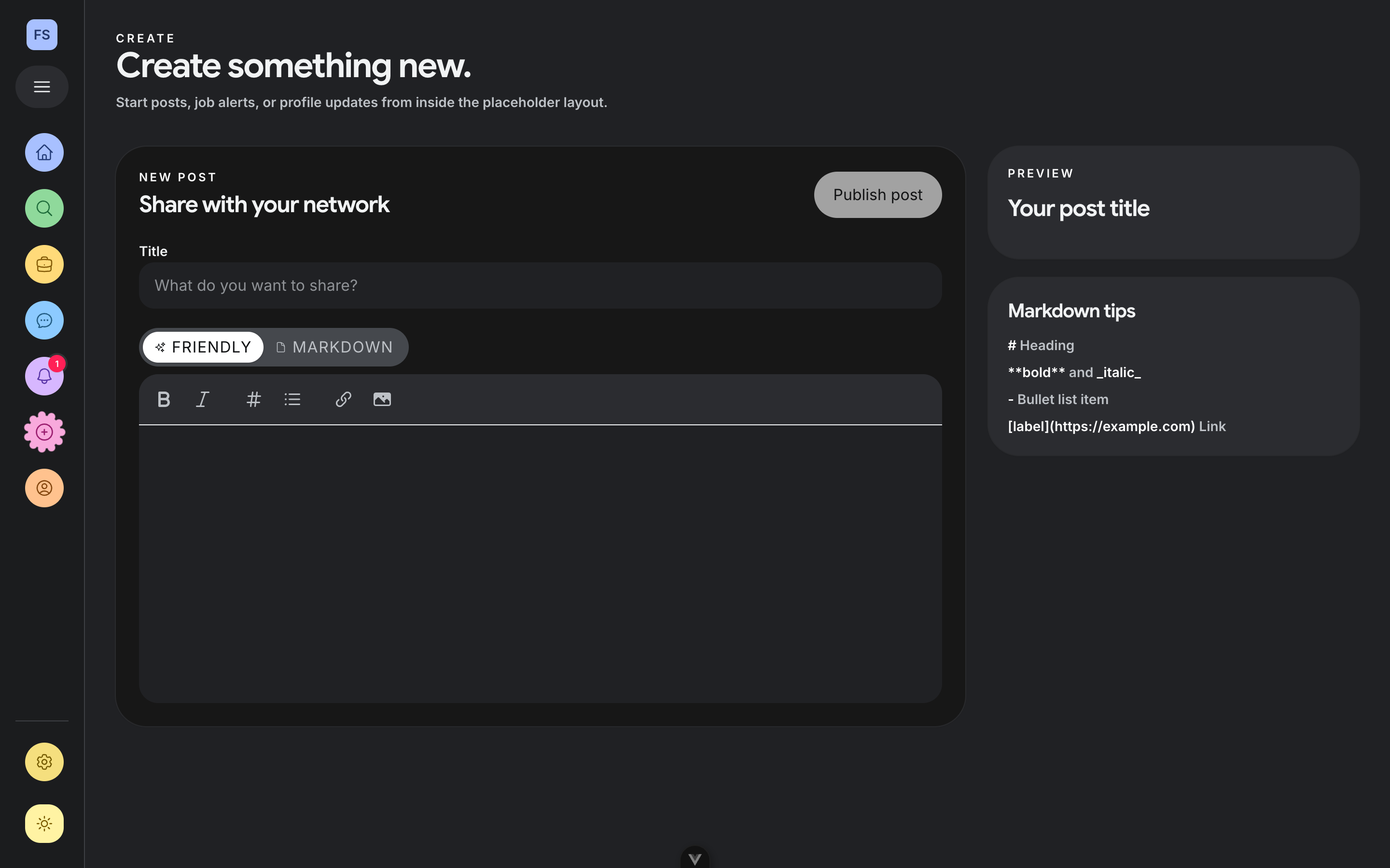 FirstStep create-post composer with live preview