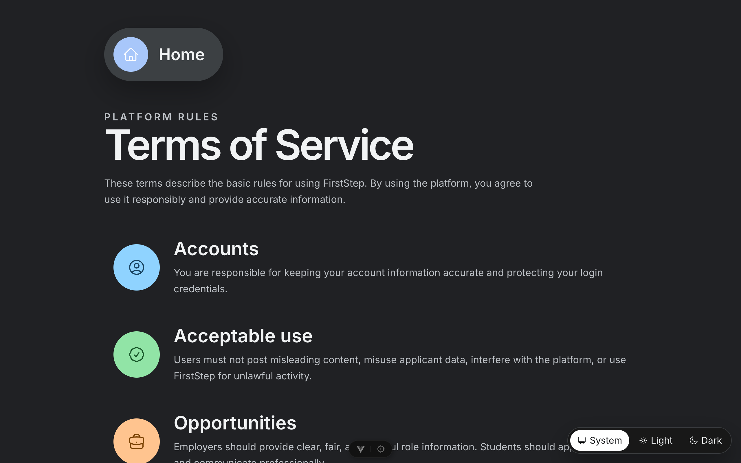 Terms of service page